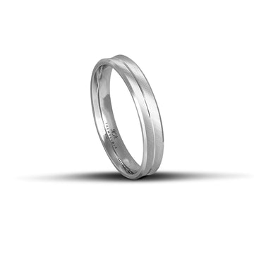 Πρωτότυπες λευκόχρυσες βέρες γάμου 4mm με σαγρέ φινίρισμα και λουστρέ γραμμή, χειροποίητης κατασκευής και εκλεπτυσμένου σχεδιασμού.